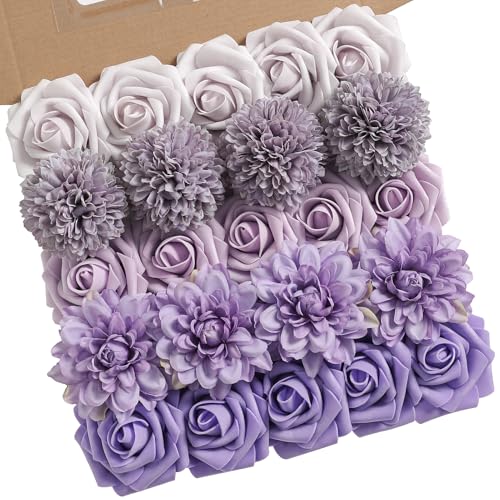 rongflower Artificial Flowers Combo Box Set Gradient Color Flower Leaf with Stems for DIY Wedding Bouquets Centerpieces Baby Shower Party Home Decorations (Lavender Purple) - color: Lavender Purple