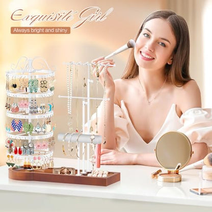 KALYLOC Jewelry Earring Holder Organizer, Adjustable 5 Tiers Rotating Earring Holder 3 Tier Necklace Holder with Wooden Base, Multi-Functional Jewelry Organizer Display Stand for Studs Bracelet Women - color: White