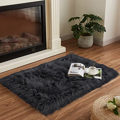 Goolela Black Fluffy Faux Fur Rug 2x3 Black Fuzzy Furry Sheepskin Rug Small Carpet for Bedroom Dorm Bathroom Washable Rectangle - color: Black, size: 2' x 3' (Rectangular)