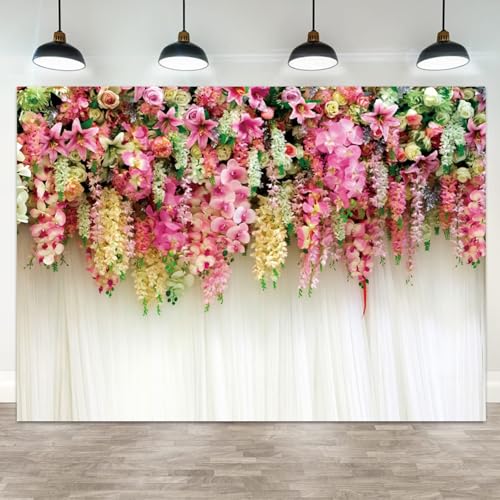 6x4ft Pink Floral Backdrop White Curtain Wedding Reception Photography Background Colorful Flowers Anniversary Bridal Shower Decorations Birthday Party Baby Shower Portrait Photo Booth Prop - color: color 1, size: 6x4ft