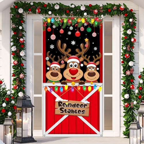 Irenare Christmas Door Cover Decorations Reindeer Stables Door Banner Christmas Elk Hanging Backdrop Banner Photo Booth Props for Xmas Winter Party Decorations Supplies, 70.9 x 35.4 Inch - style: Reindeer Stables