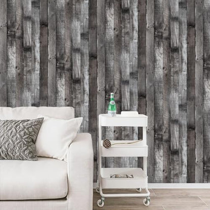 Peel and Stick Wood Wallpaper Grey/Black Vinyl 17.3"×200" Contact Paper Self Adhesive Thick Waterproof Self Adhesive for Cabinets liveroom - color: Grey/Black, size: 17.3" x 200"