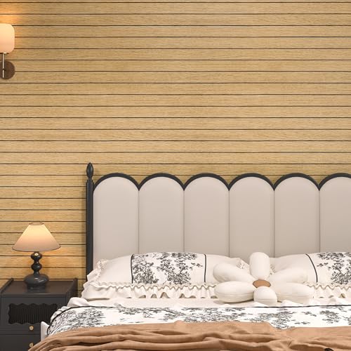 Peel and Stick PVC Slat Wall Panel Light Brown Wood Slat Foam Paneling Self-Adhesive Soundproof Wood Grain Wallpaper Vinyl Roll for Living Room TV Background Interior Wall Decor 11.8"x197"