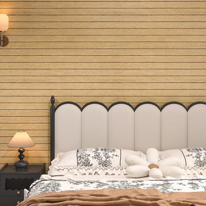 Peel and Stick PVC Slat Wall Panel Light Brown Wood Slat Foam Paneling Self-Adhesive Soundproof Wood Grain Wallpaper Vinyl Roll for Living Room TV Background Interior Wall Decor 11.8"x197"