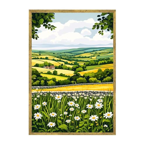 Framed Countryside Landscape Poster Canvas Print Rustic Farmhouse Wall Art Painting Pictures Whimsical Home Decor Wall Decoration for Living Room Bedroom Apartment Wall Decor (12L x16W,Gold Framed) - size: 12L"x16W"
