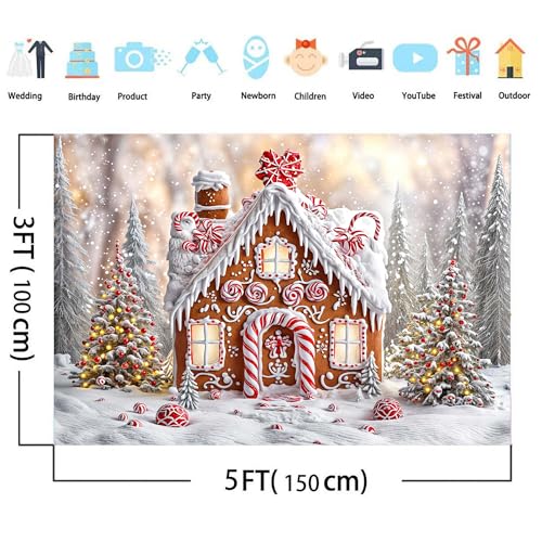 5 x 3 ft Christmas Gingerbread House Backdrop Winter Snowflake Photo Backdrop Xmas Tree Gingerbread House Christmas New Year Holiday Photograph Decorations Candyland Themed Banner Photo Booth Props - size: 5X3FT