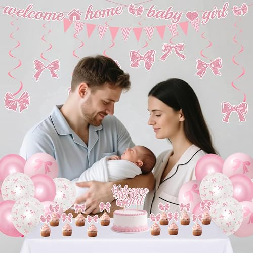 Welcome Home Baby Girl Decorations - 42 Pcs Pink Bow Baby Shower Decoration Banners Hanging Swirls Large Cake Topper Cupcakes Triangle Flag Balloons for Girls Baby Party Photo Props Decor Supplies