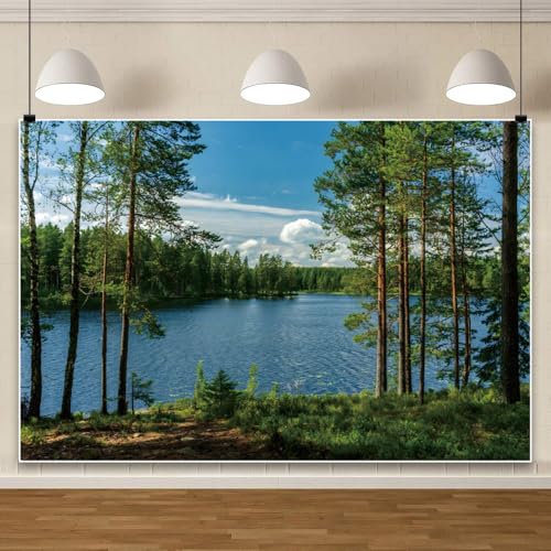 20x10ft Forest Lake Photo Backdrop Park Lakeside Green Trees Natural Scenery Background Banner Spring Summer Countryside Outdoor Picnic Camping Hiking Decor Kids Adults Portrait Studio Props - size: 20x10ft