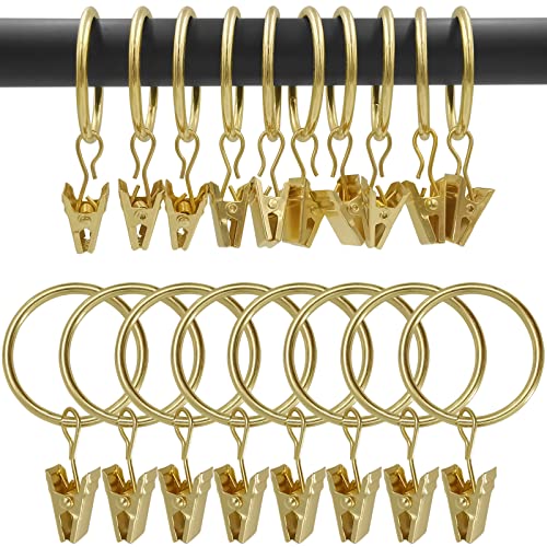WeeksEight 100 Pack Gold Curtain Rings with Clips, Curtain Hooks Hangers Clip Rings for Hanging Drapes Bows Hat, Drapery Rings 1.26 in I D, Fits up to 1 in Diameter Curtain Rod. - color: Gold, size: 1.26" I D Set of 100