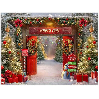 8x6ft Fabric Christmas Backdrop Winter Forest Wooden Barn Door North Pole Snowy Xmas Tree Photography Background Family Holiday Party Decor Photo Props - size: 8'x6'