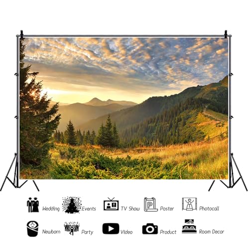 6x4ft Mountain Landscape Backdrop Nature Scenery Sunset Mountains Green Trees Forest Photography Background Camping Theme Decorations Kids Adults Outdoor Portraits Photo Studio Props - color: Mountain-1, size: 6x4ft