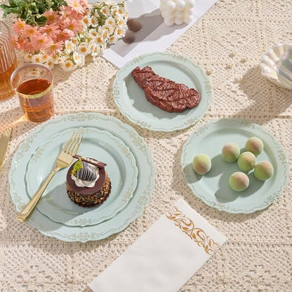 Fijinhom175 PCS Green Disposable Plates, Elegant Dinnerware Set for 25 Guests, 50 Plastic Plates, 75 Silverware, 25 Cups & 25 Paper Napkins, Green - color: Green Gold Pattern, size: 25 Guests-175pcs