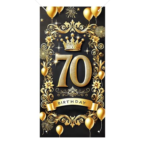 HOMETITUTE 70th Birthday Door Cover 71x35 Inch Gold Black Banner for Party Decorations Elegant Crown Balloon Backdrop with Floral Frame Sign for Men Women Photo Booth Wall Decor Indoor - color: Gold Black 70