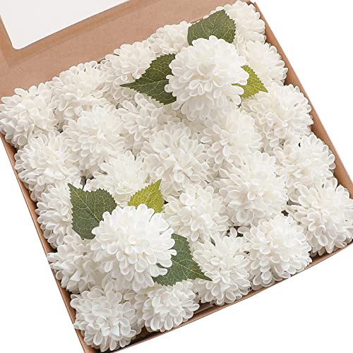 Floroom Artificial Dahlia Flowers 25pcs Real Looking White Foam Fake Roses with Stems for DIY Wedding Bouquets Bridal Shower Centerpieces Floral Arrangements Party Tables Home Decoration - color: White