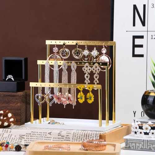 Pangkeep 3 Tier Earring Holder for Vendors,Stud Earrings Display Stand for Selling,Matel Jewelry Organizer for Girls (Gold) - color: Gold