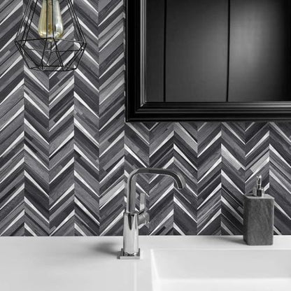 DICOFUN 10-Sheet Herringbone Peel and Stick Backsplash for Kitchen, Black & Grey Wood Look PVC Mixed Metal Chevron Stick on Backsplash Wall Tiles - color: Black Wood and Metal Silver, size: 10 Sheets, 12"x12"x0.12"