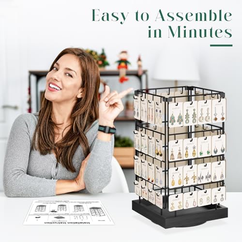EsLuker.ly Rotating Earring Display Holder Stand for Vendors Events Selling, Large Capacity 64 Hooks Jewelry Rack with Wooden Base for Earring Card Sales, Enhances Retail Visibility - color: Black+Black