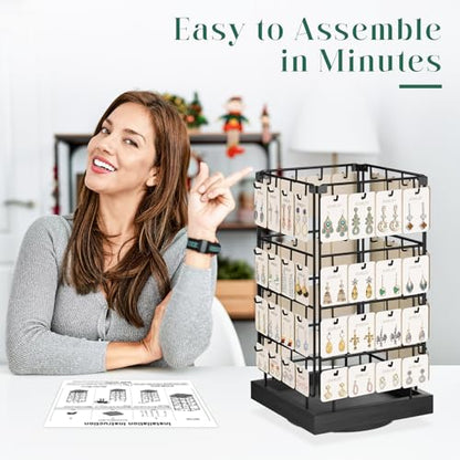 EsLuker.ly Rotating Earring Display Holder Stand for Vendors Events Selling, Large Capacity 64 Hooks Jewelry Rack with Wooden Base for Earring Card Sales, Enhances Retail Visibility - color: Black+Black