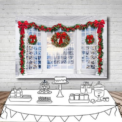 7x5Ft Christmas Window Backdrop for Photography Holy Garland String Lights Santa Claus Background Winter Snow Scene Merry Christmas Photo Backdrop Studio Props Banner - size: 7X5Ft