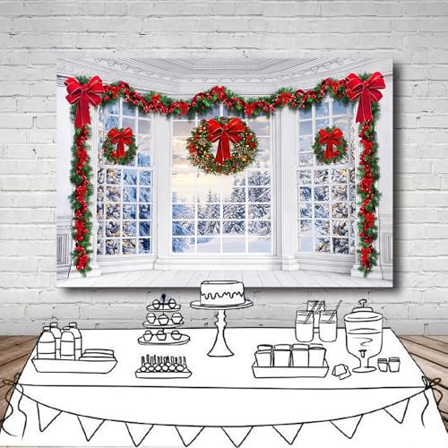 10x8Ft Christmas Window Backdrop for Photography Holy Garland String Lights Santa Claus Background Winter Snow Scene Merry Christmas Photo Backdrop Studio Props Banner - size: 10X8Ft