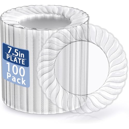 U-QE 100 Pieces Clear Plastic Plates - 7 Inch Plastic Dessert Plates Disposable - Washable & Reusable - Premium Hard Clear Fancy Disposable Heavy Duty Cake Platos for Party, Weddings and Events - color: 7Inch-100pcs-Clear