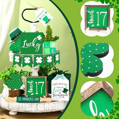 Beeveer 15 Pcs St. Patrick's Day Tiered Tray Decor Set Shamrock Gnome Wooden Sign Rustic Irish Themed Table Centerpiece Tabletop for Home Office Kitchen(Shamrock) - style: Shamrock