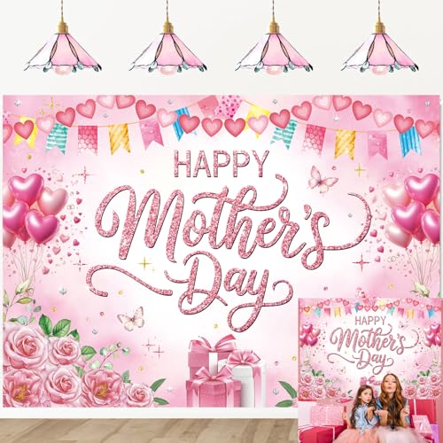Happy Mother's Day Backdrop 8x6ft Pink Rose Floral Polyester Photography Background for Party Photo Booth Studio Banner Photoshoot Decoration - size: 8x6FT