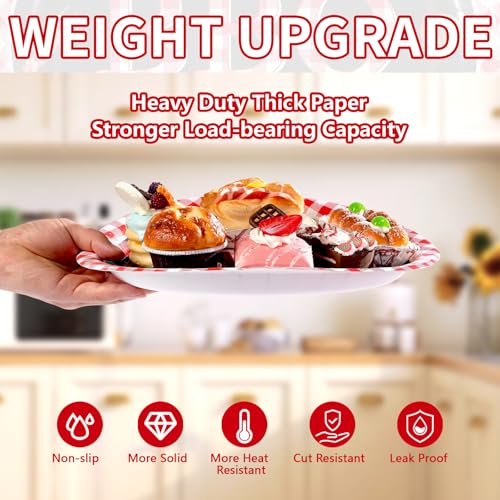 50 Pcs BBQ Party Supplies 10" × 12" Large Heavy Duty Red Gingham and Black BBQ Oval Paper Plates Disposable BBQ Birthday Party Plates for Summer Picnic Barbecue Baby Shower Birthday Party Decorations - style: 50Pcs Red Gingham BBQ Oval Plates
