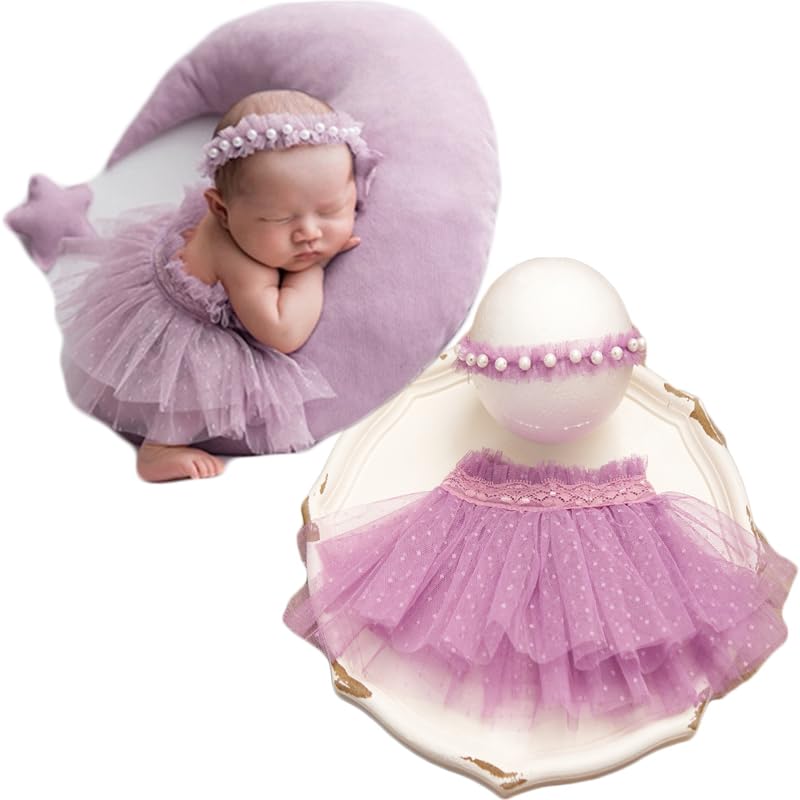 Newborn Baby Photography Props Outfits Girl Lace-Tulle Skirt Baby Girls Photo Prop Headdress for Newborn Girl Photoshoot - color: Purple