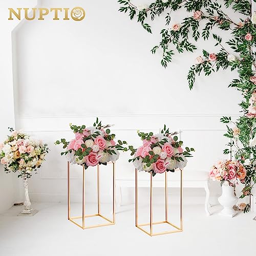 Nuptio 2 Pcs Metal Flower Floor Vase Column Flower Stand Geometric Centerpieces Vase for Tables, 15¾ inch Tall Gold Flower Holder for Home Party Wedding Decorations, Rectangular Flower Display Rack - size: 15¾" H x 2 Pcs