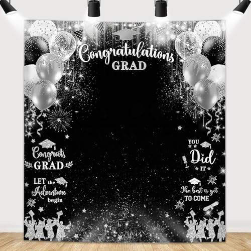 MEHOFOND Class of 2026 Graduation Congrats Grad Backdrop Black Photo Props Prom Booth Background with Congrats Sign for Graduate Party Decorations Graduation Favors Supplies - color: Silver