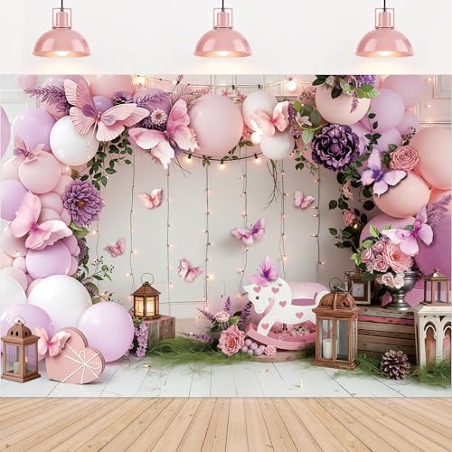 Girl Birthday Backdrop 7Wx5H Feet Purple Pink Floral Balloons Butterfly Princess Sweet Birthday Party Photography Background Bday Party Decorations Photo Booth Studio Prop Fabric - color: Pink Purple Birthday02, size: 7Wx5H