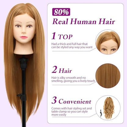 Mannequin Head with 80% Real Human Hair - 28 Inch Cosmetology Hairdressing Training Head Practice Doll Head Manikin Styling Head Braiding Mannequin Head - color: Blonde#27B