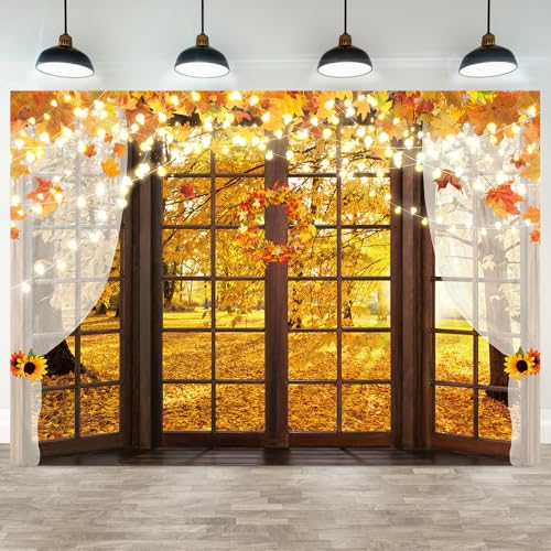 Hilioens 8x6ft Fall Windowsill Backdrops for Photography Autumn Forest Scenery Background for Photoshoot Maple Leaf Natural Scenery Banner Decoration Party Supplies Photo Studio Booth Props - size: 8x6ft