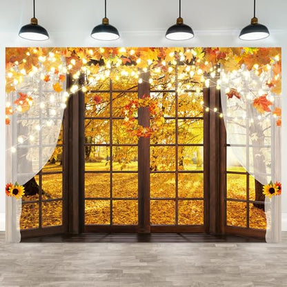 Hilioens 7x5ft Fall Windowsill Backdrop Autumn Forest Photography Background for Kids Photoshoot Maple Leaf Natural Scenery Banner Decoration Party Supplies Photo Studio Booth Props - size: 7x5ft