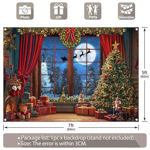 Fabric 7x5ft Christmas Window Photography Backdrop Winter Merry Xmas Tree Background Night Snow Party Decoration Holiday Photo Banner Props - size: 7'x5'