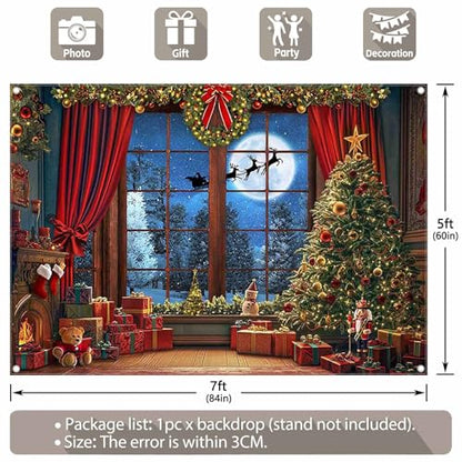 Fabric 7x5ft Christmas Window Photography Backdrop Winter Merry Xmas Tree Background Night Snow Party Decoration Holiday Photo Banner Props - size: 7'x5'