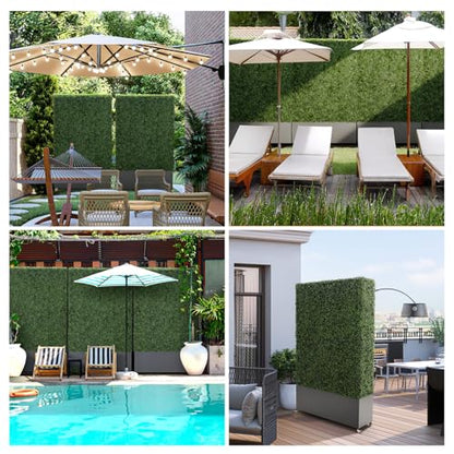 Artificial Boxwood Hedge Wall with Dark Grey Planter Box and Wheels, Greenery Fake Faux Grass Panels Backdrop Divider 48" WX66 HX14 D - size: 48"wx66"hx14"d