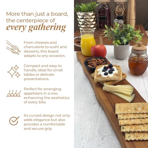 Premium Small Serving Board – Teak Charcuterie Board with Handle for Cheese, Appetizers & Food Presentation - Handcrafted Wooden Serving Tray Ideal for Desserts, & Holiday Spreads - 30" x 5" x 1.5"