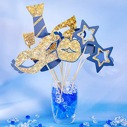 Zonon 24 Pcs Funny Photo Booth Props Class of 2026 Graduation Birthday Wedding Family Class Reunion Prom Disco Party Celebration Decoration Supplies Mix of Hats, Lipstick, Tie(Gold and Navy Blue) - color: Gold and Navy Blue