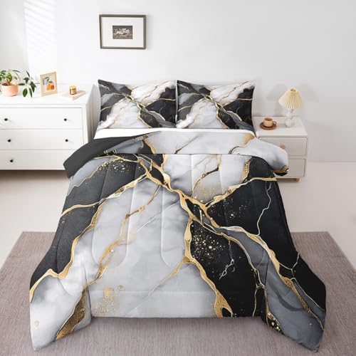 Black Marble Comforter Set,Gold Metallic Marble Down Comforter for Kids Boys Teens Adult, Black Gold Abstract Marble Texture Bedding Set Queen Size, Boho Hippie Duvet Sets with 2 Pillow Cases - color: Pattern 31, size: Queen