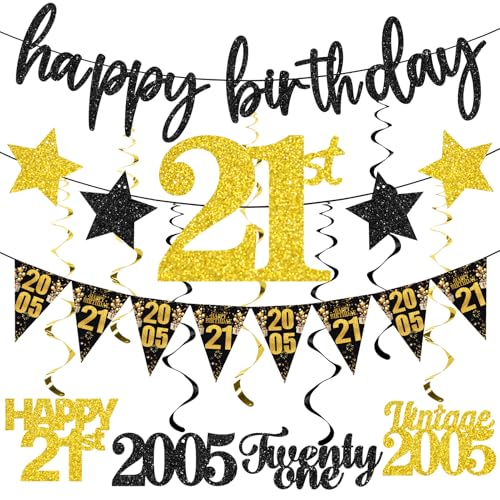 12PCS 21st Birthday Decorations for Him Her, Black Gold Vintage 2005 Happy 21st Birthday Banner Triangle Flag Banner Glitter Hanging Swirls Party Supplies Men Women, Cheers to 21 Years Old Bday Decor - style: Black Gold 21st