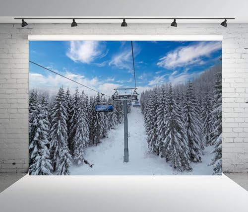 BELECO 15x10ft Fabric Winter Ski Resort Backdrop Snowy Mountain Cable Cars Fir Trees Background Winter Skiing Theme Party Decorations Photo Studio Props - size: 15x10FT