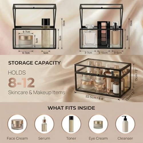 40 Lipsticks Organizer with Lid, Glass Display Box Fits Large Perfume & Skincare, Easy-Access Organiser for Vanity Countertop, Multifunctional Display Box in Any Rooms - color: black