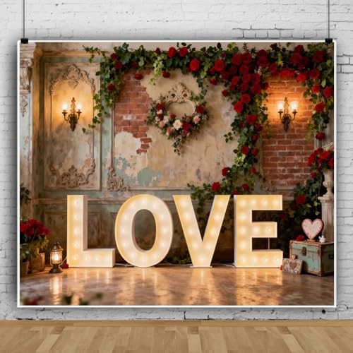 Valentines Backdrop 10x10ft Vintage Red Brick Wall Flower Valentine Backdrops for Photography Romantic Rose Candle Valentine's Day Decorations for Party Happy Galentines Photo Props Background - color: Gold, size: 10x10ft