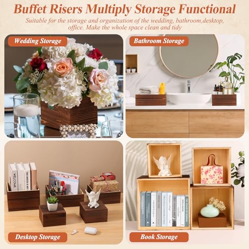Qinzave 7 Pack Wooden Risers Display Stands with Acrylic Maker Pen and Mini Sign, Food Risers for Buffet Table Shelf Display Stand for Party Catering Dessert Cupcake Jewelry - size: 8.8" 8" 7" 6.5" 6" 5" 5"