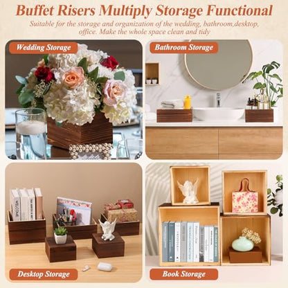 Qinzave 7 Pack Wooden Risers Display Stands with Acrylic Maker Pen and Mini Sign, Food Risers for Buffet Table Shelf Display Stand for Party Catering Dessert Cupcake Jewelry - size: 8.8" 8" 7" 6.5" 6" 5" 5"