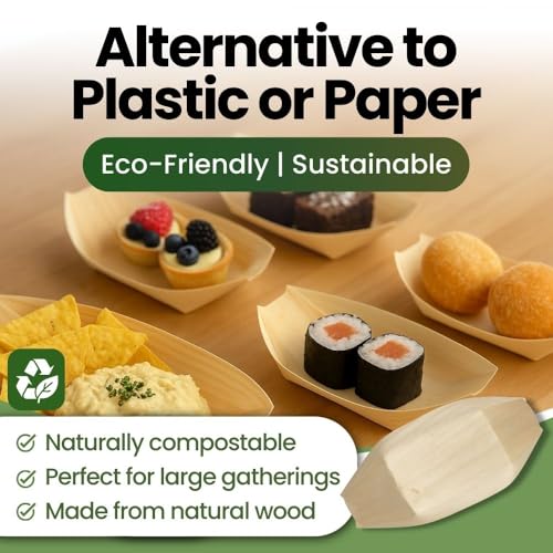 Dtocs 135mm Disposable Wooden Boat Plates 50 Pcs. Biodegradable Wood Serving Boats | Eco-Friendly Food Boats for Sushi, Desserts, Appetizers, Snacks | Alternate to Plastic, Bamboo, Paper Plates - size: 135mm-50 Pcs