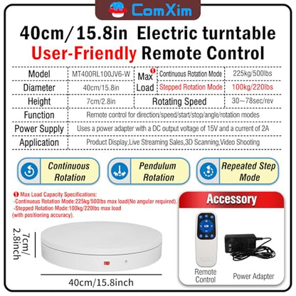 15.8In Remote Large Motorized electric turntable Rotating platform Photography Turntable Motorized lazy susan Base giratoria para for Photography,3D Scanner,Heavy duty display(Load Range:220~500lbs) - size: 15.8inch/White/500Lbs Load