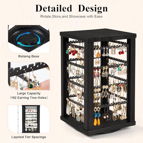Emfogo 360 Earring Holder Organizer, Rustic Wood Earring Stand, Rotating Wooden Display, 4 Tiers Earring Organizer Stand for Stud Earrings, Hoop Earrings & Necklaces, Women Gifts - color: Black